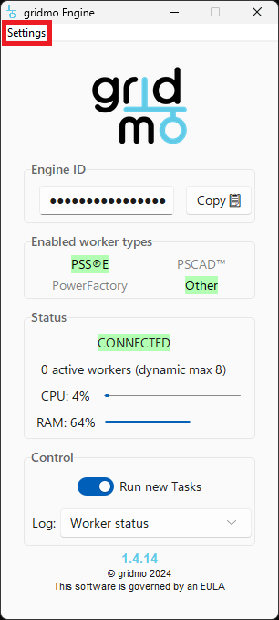 gridmo Engine settings button