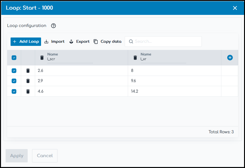 screenshot of the gridmo web app showing loop start node table