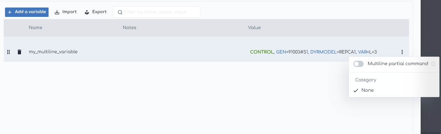 screenshot of gridmo web app showing multiline partial command