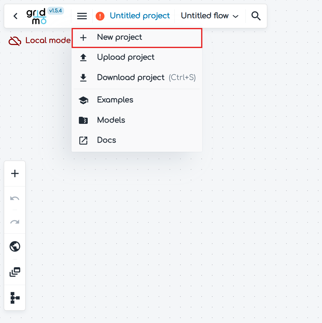 screenshot of the gridmo web app creating new project