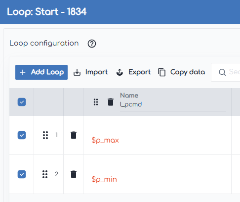 screenshot of gridmo web app showing loop start node with l_pcmd loop variable
