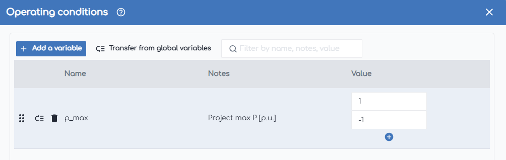 screenshot of gridmo web app showing loop start node with $p_max operating conditions variable