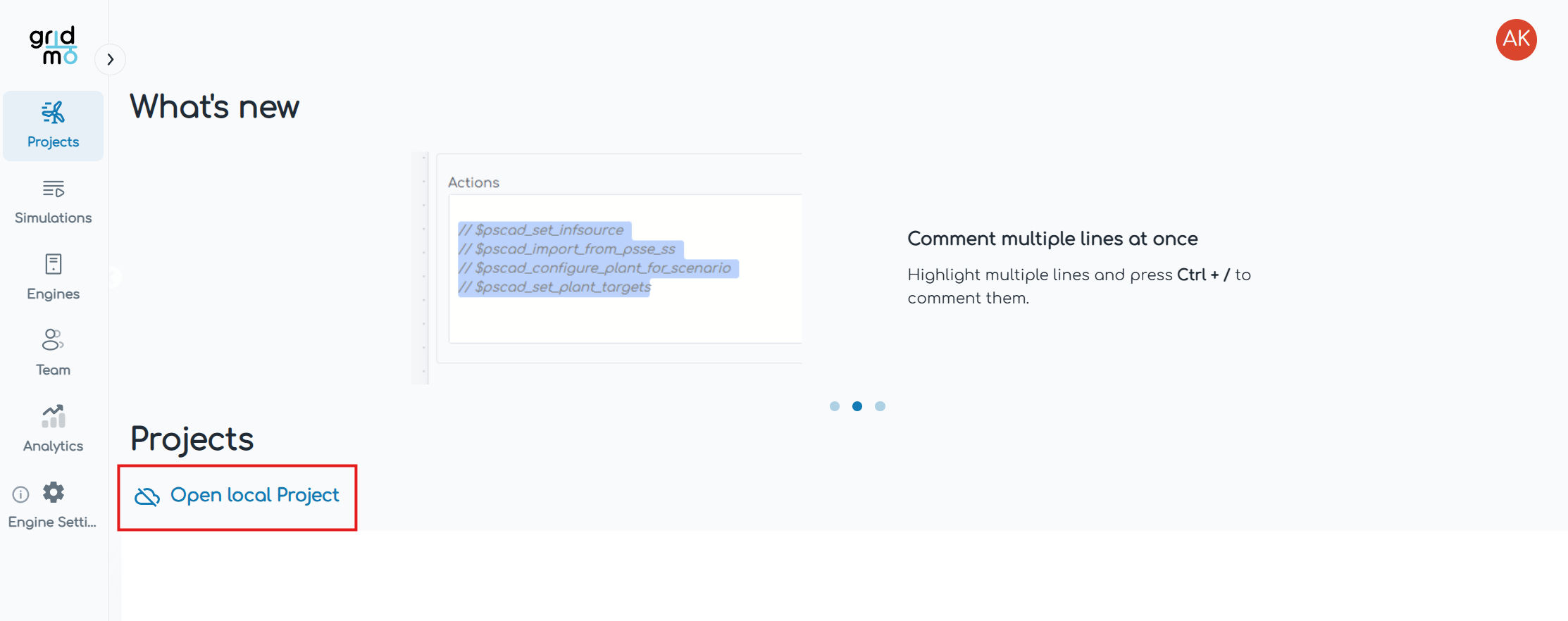 screenshot of the gridmo web app open local project screen