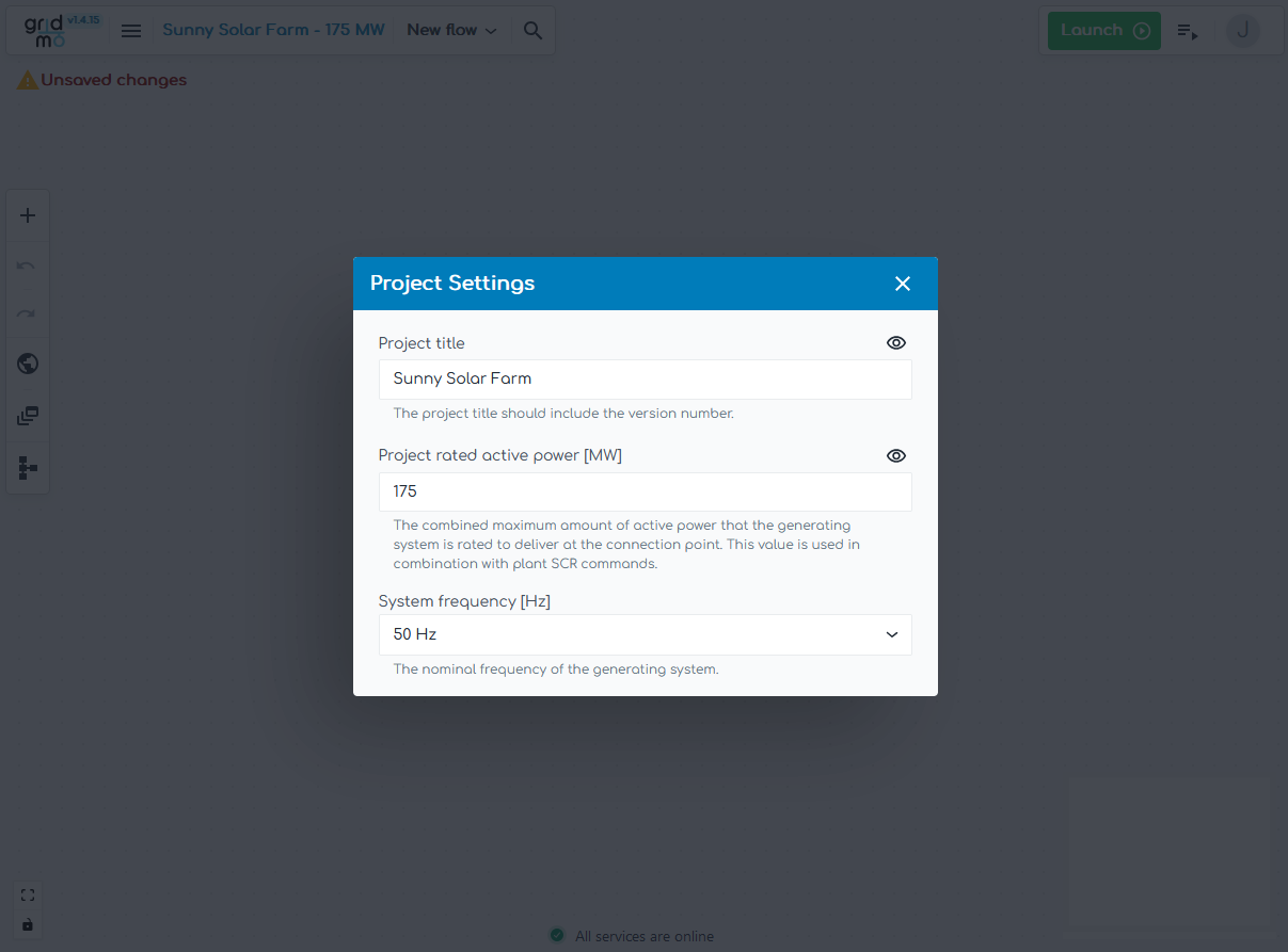 screenshot of the gridmo web app configuring project settings