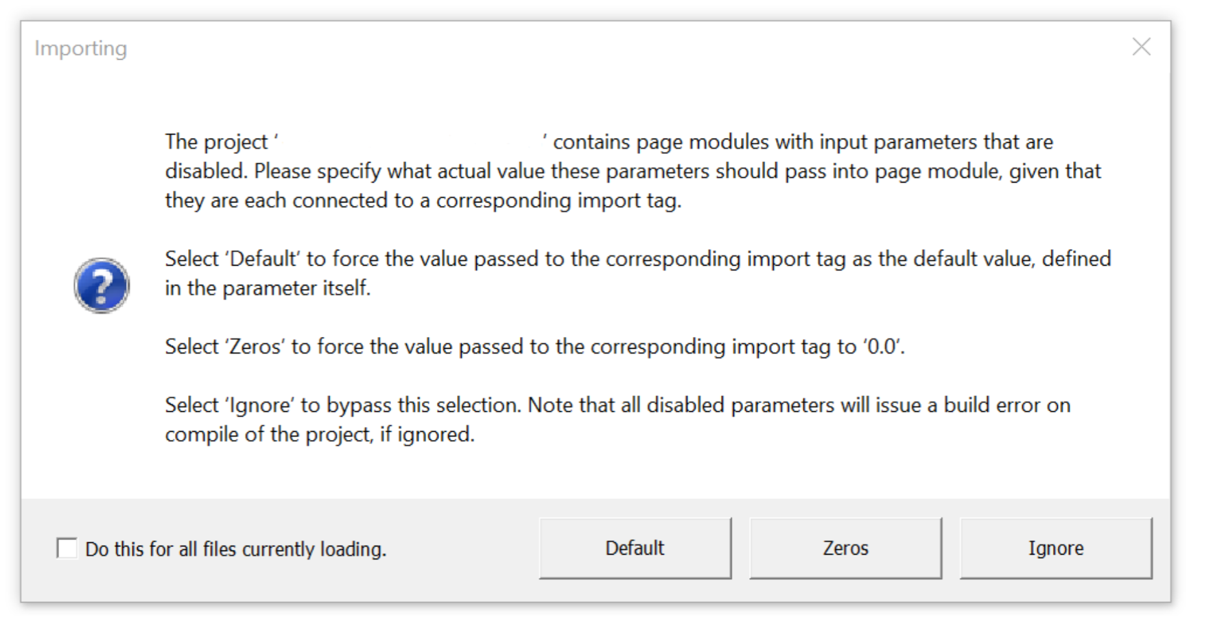 Screenshot of PSCAD™ popup asking for user input for disabled module parameters