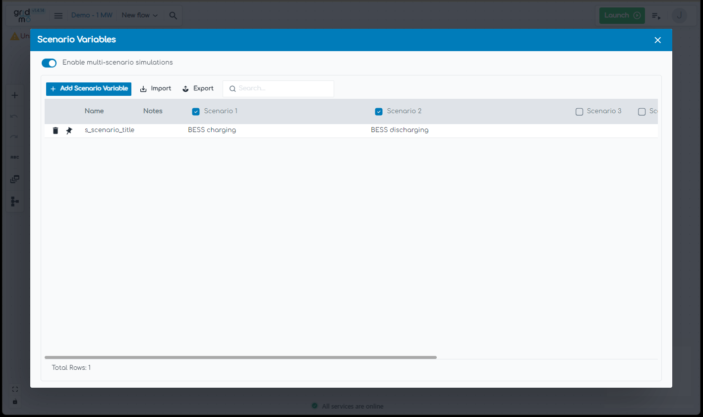 screenshot of the gridmo web app showing scenario variables