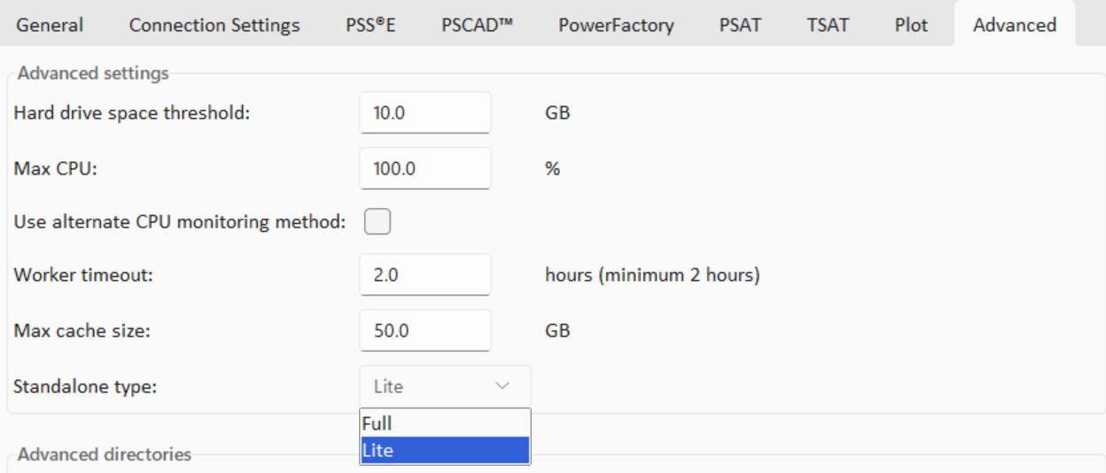 gridmo Engine Settings Advanced tab showing Standalone type set to Lite