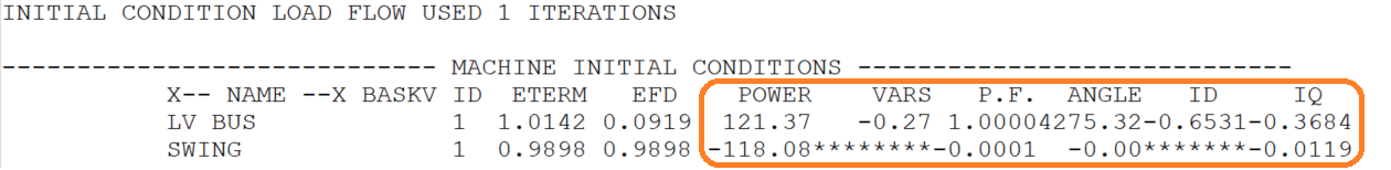 PSS®E log file screenshot showing initial reactive power is extremely large for infinite generator