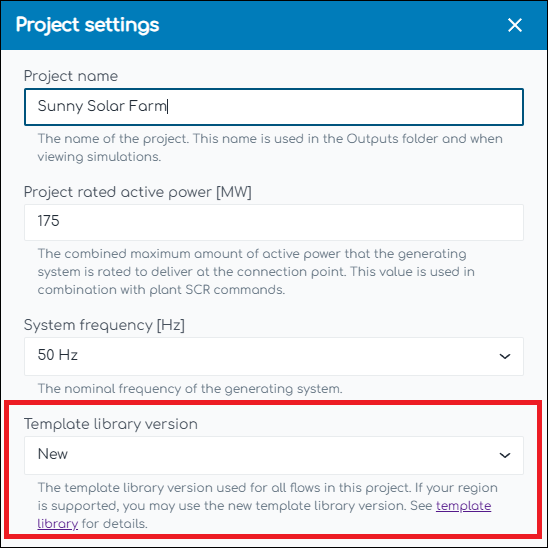 Template library version - Project settings