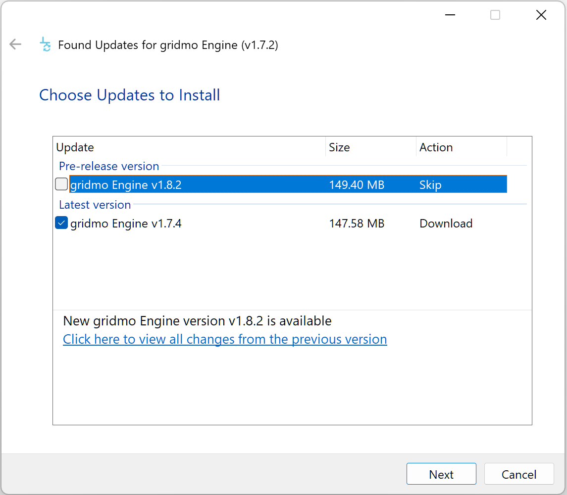 screenshot of gridmo updater showing an update available